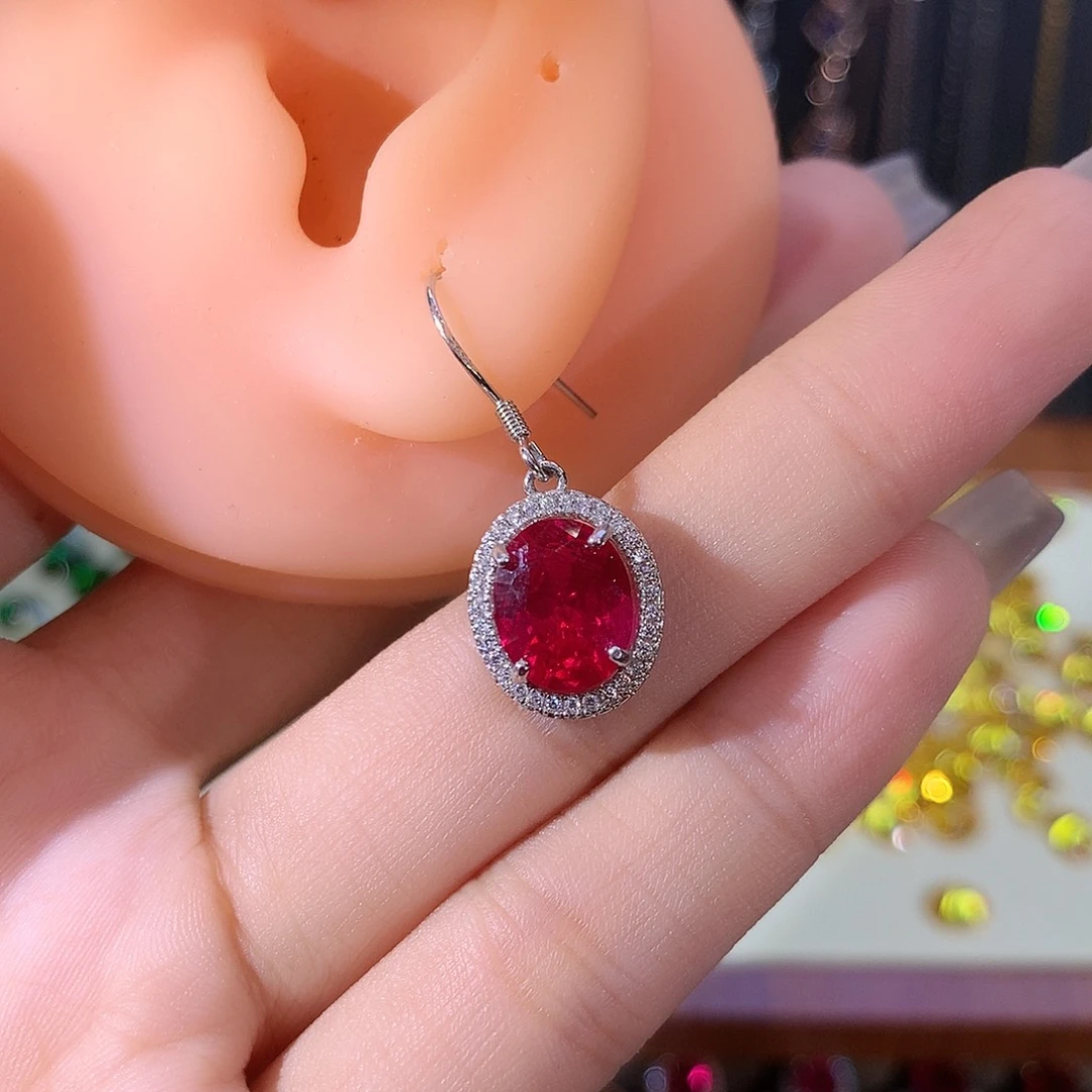 耳饰银S925镶嵌红宝石白810