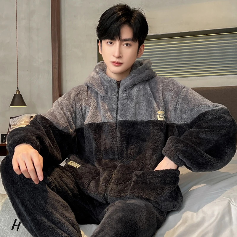 法兰绒睡衣男款秋冬款l拉链男士保暖冬季加绒加厚珊瑚绒家居服套