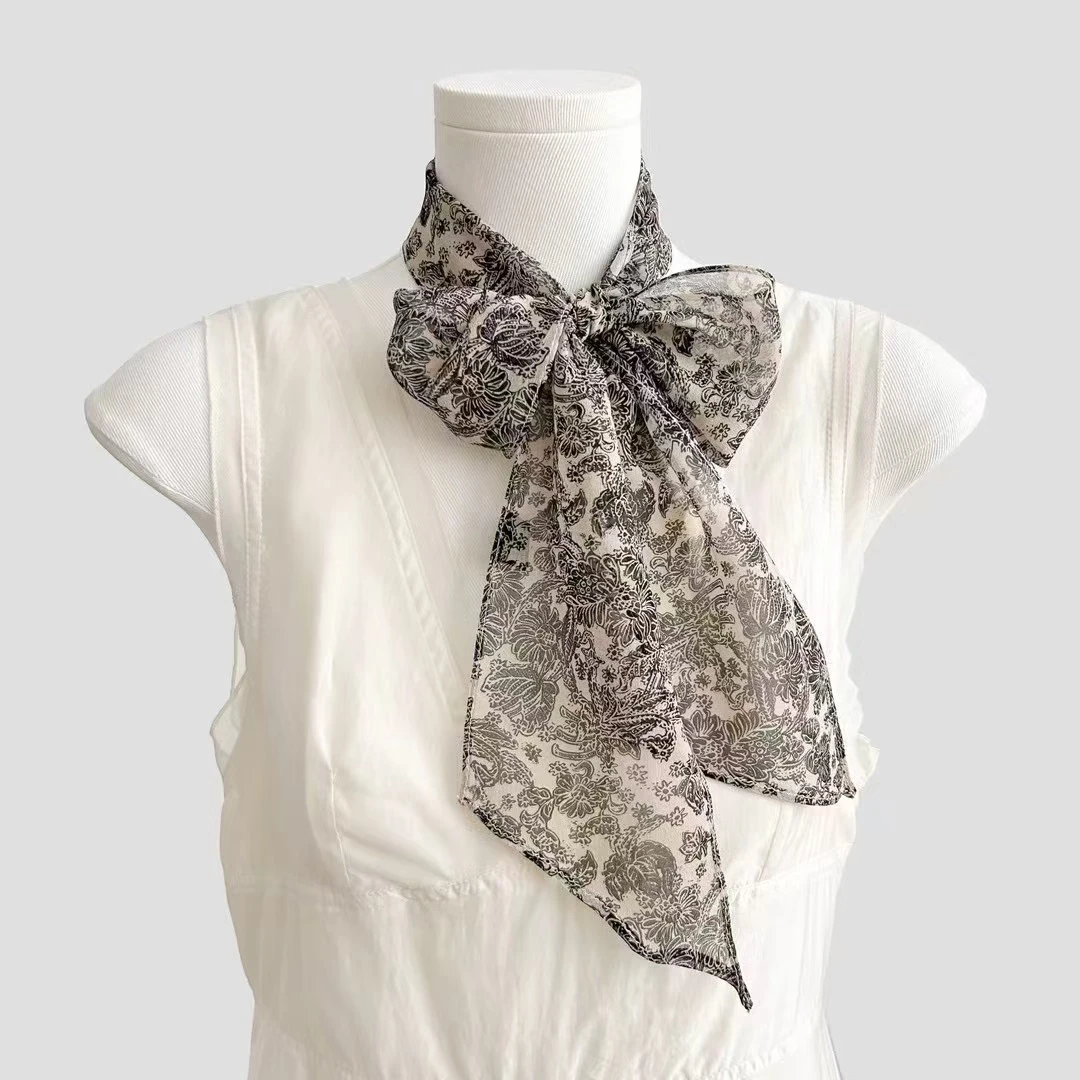 法式浪漫复古真丝乔其纱小尖角丝巾飘带10*150