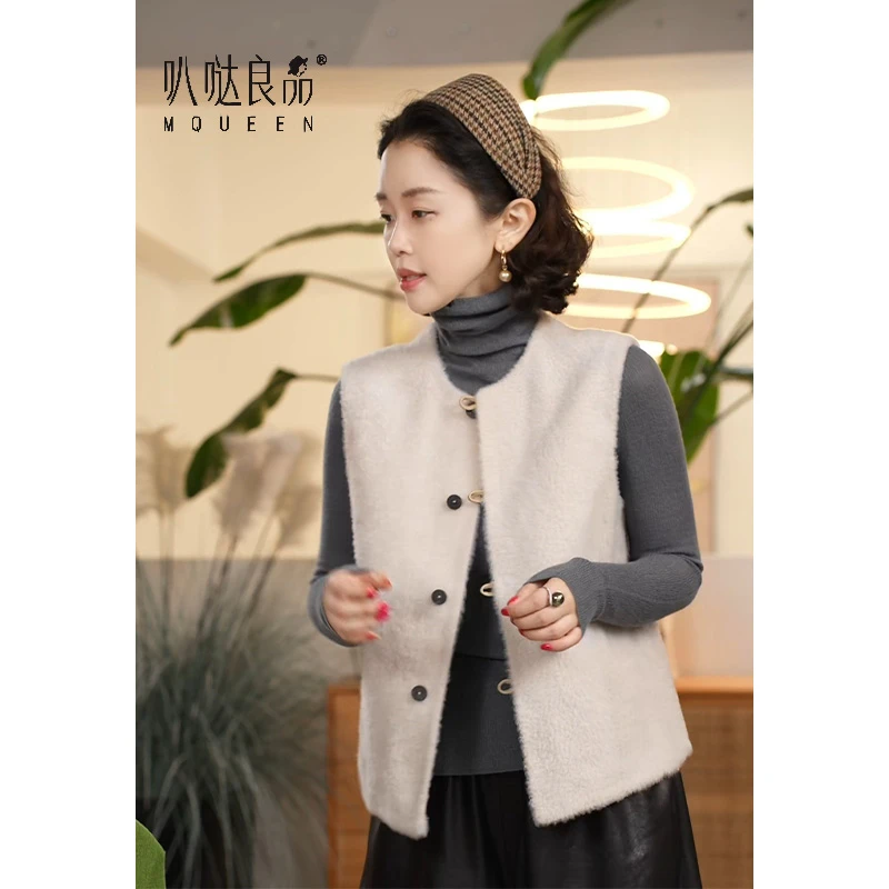Y【叭哒不惑】晚雪 小拉贡羊皮毛一体纯色无袖马夹气质卷毛保暖上衣