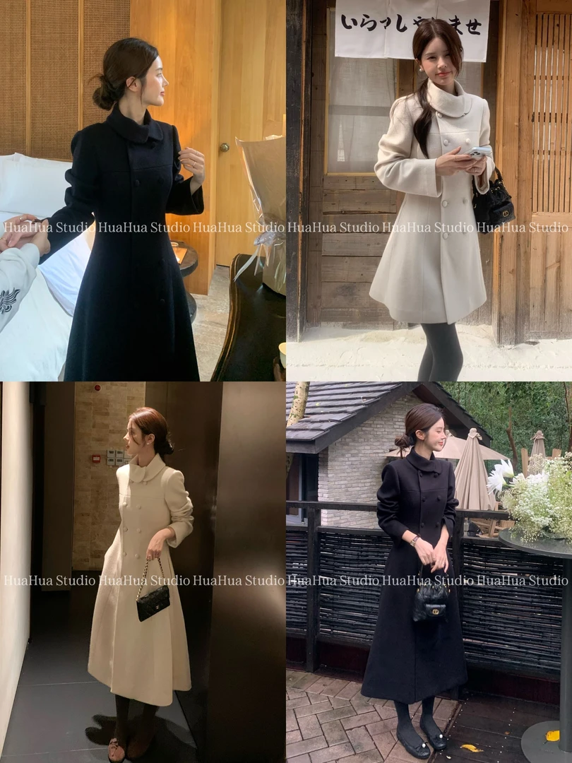 【花花】奥黛丽~韩版小翻领分割线双排扣小香设计感羊毛毛呢大衣