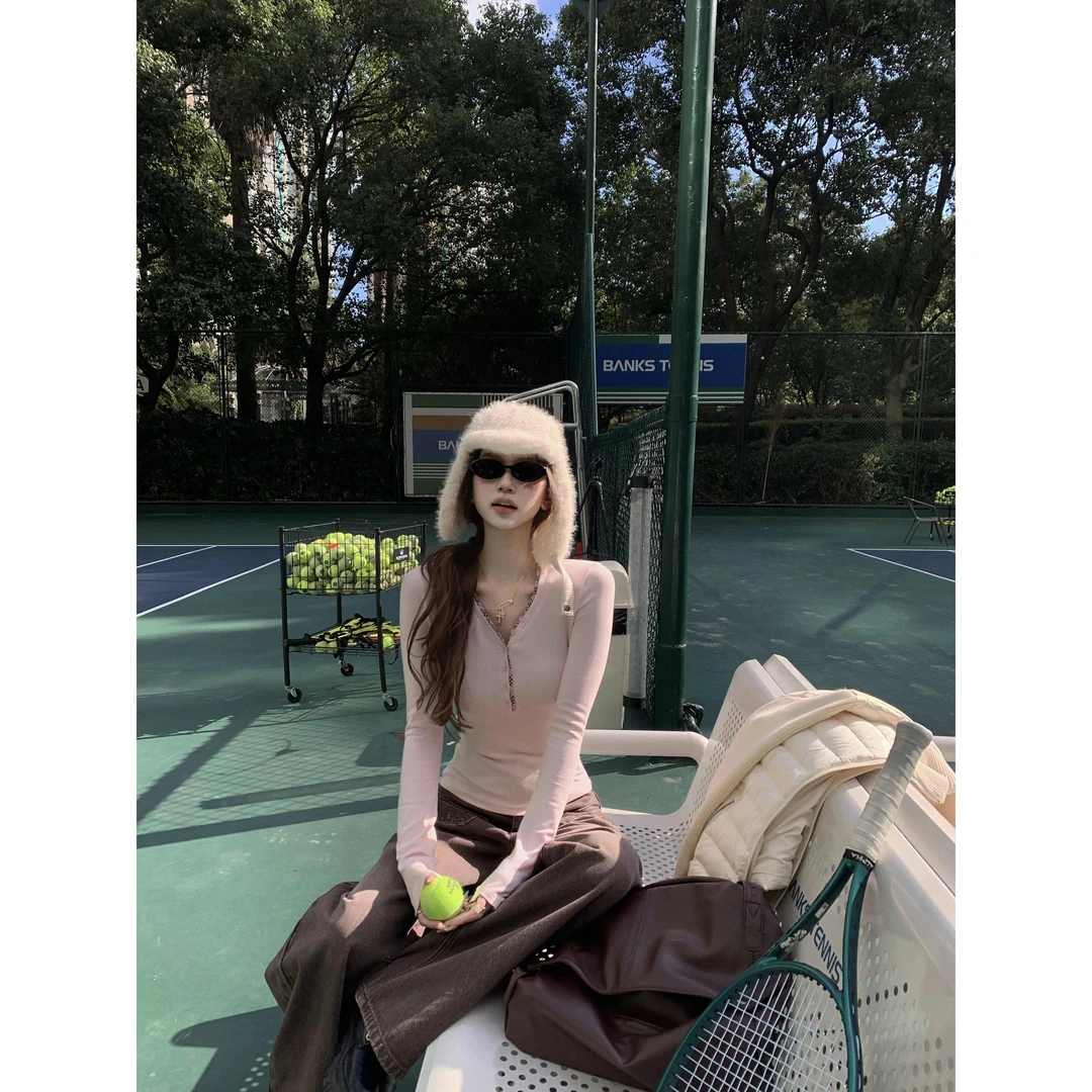 韩系粉色V领格纹拼接长袖打底衫女半开领上衣高腰显瘦阔腿休闲裤