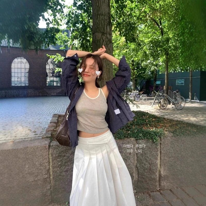 韩设计师tann*t棉质格纹长袖衬衫韩系女装宽松休闲高级衬