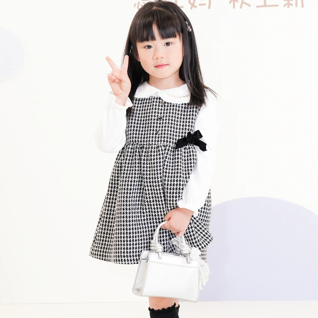 【云朵小葵】女童秋季开学季黑白千鸟格蝴蝶结休闲连衣裙991506