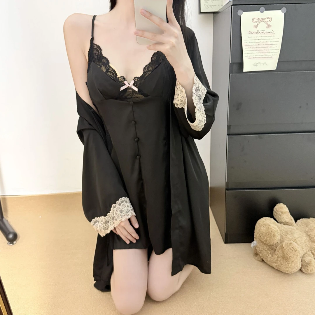 【星河】性感蕾丝胸垫吊带睡裙外袍秋冬款轻奢睡衣