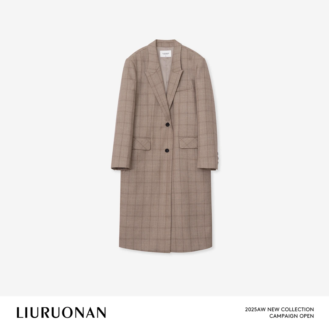 LIURUONAN 25FL【温德米尔】复古格纹翻领长款西装秋冬宽松显瘦外套