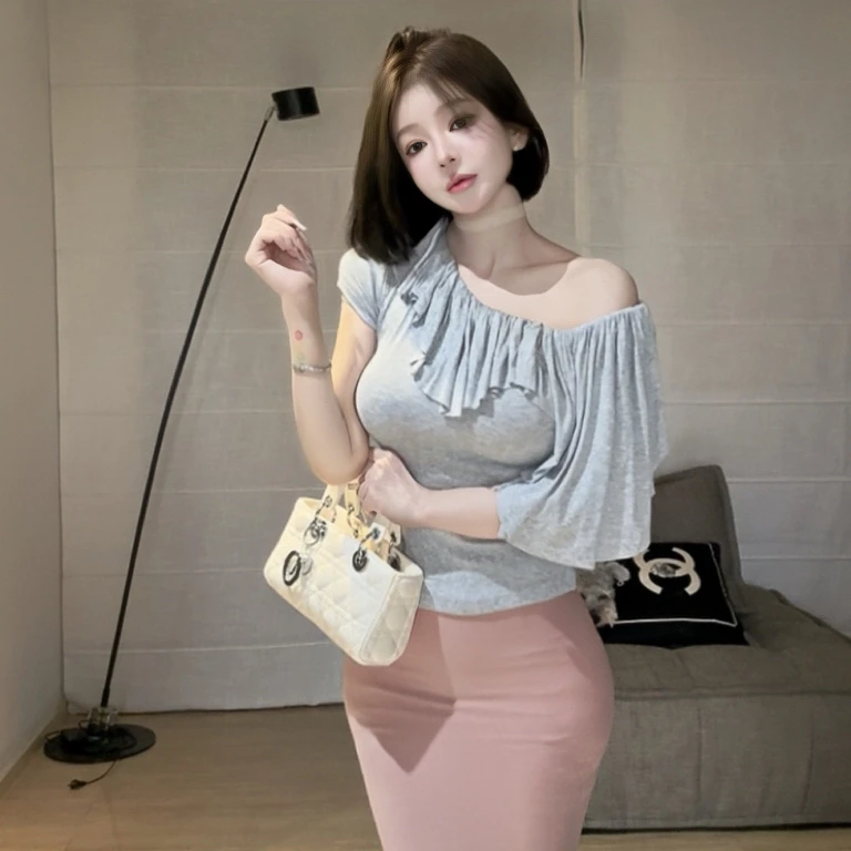 【素调千金】纯欲浅灰色不规则荷叶边露肩修身上衣女2025夏季新品