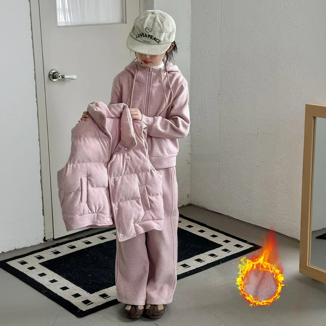 女童冬季棉马甲套装加绒卫衣童装背心外套长裤卫衣三件套坎肩女孩