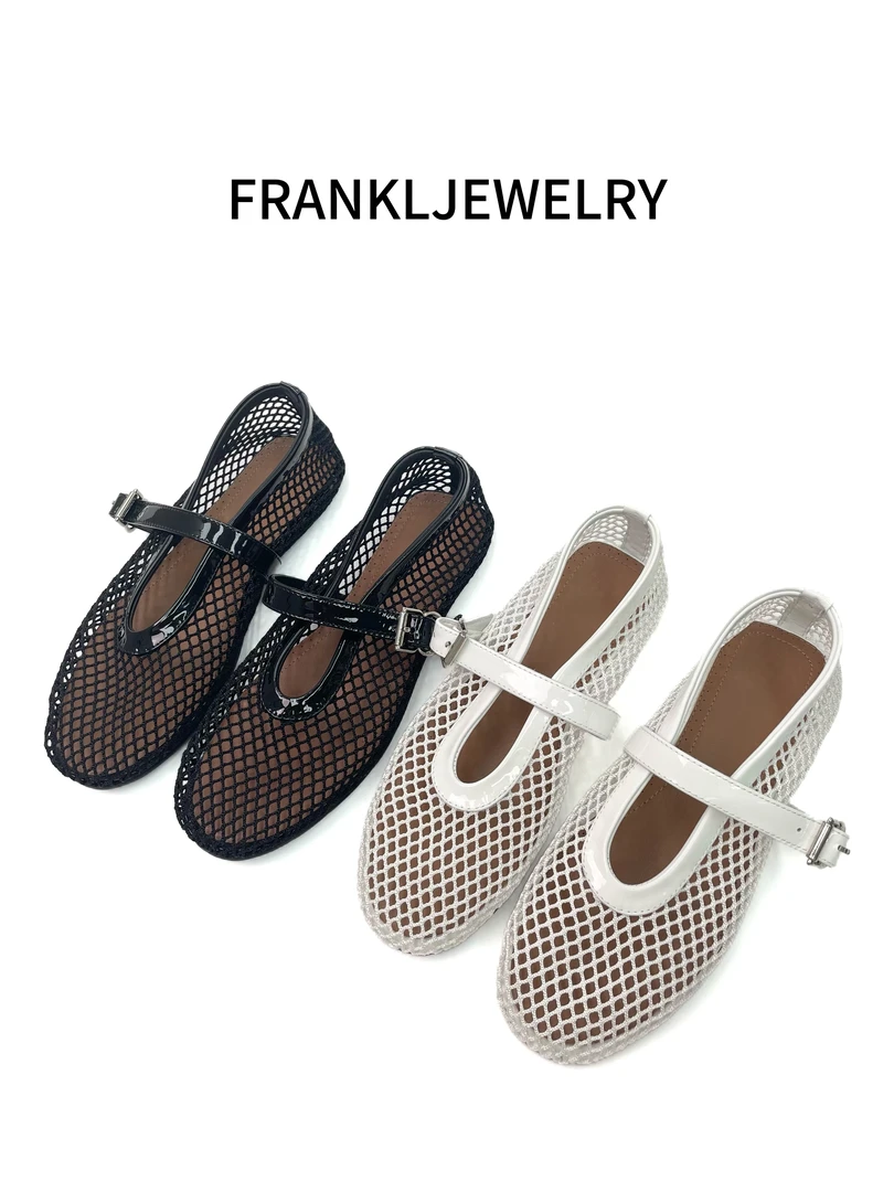 FRANKLJEWELRY2025新款镂空网面圆头一字带芭蕾舞鞋夏季透气