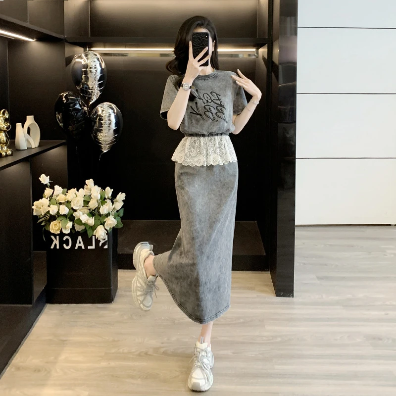 高级感休闲时尚套装裙夏显瘦减龄洋气短袖拼接蕾丝半身裙两件套