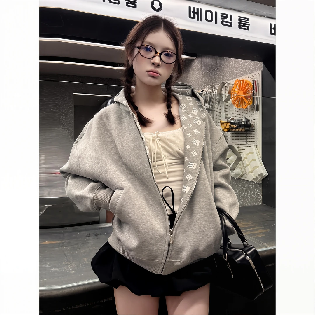 美式街头连帽卫衣开衫女早秋季穿搭拉链帽衫慵懒风长袖重磅上衣潮