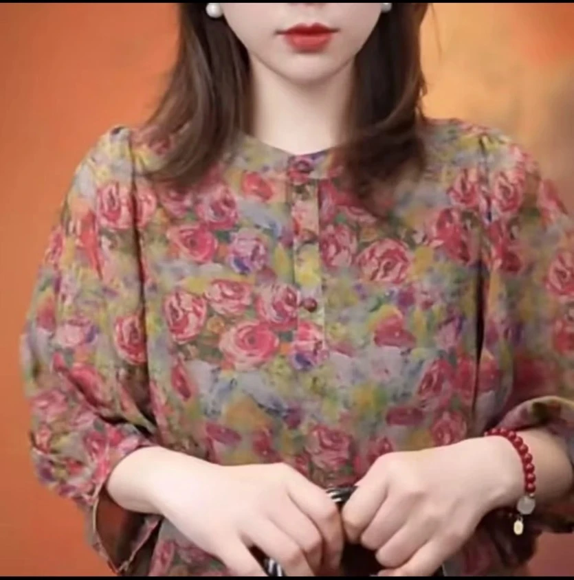 X8835阔太洋气新款碎花衬衫女气质减龄宽松遮肚透气舒适感上衣女