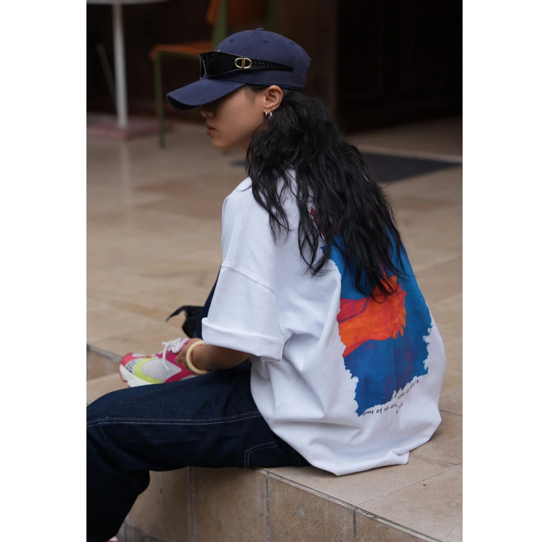 夏季宽松圆领短袖T恤男款复古印花设计休闲潮流半袖上衣男女同款