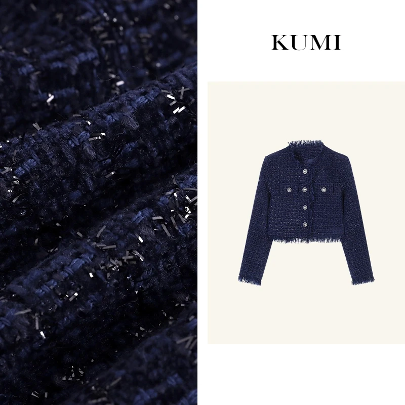 【二姐严选】小香风流苏编织外套女秋季藏蓝色高级感亮丝短款上衣