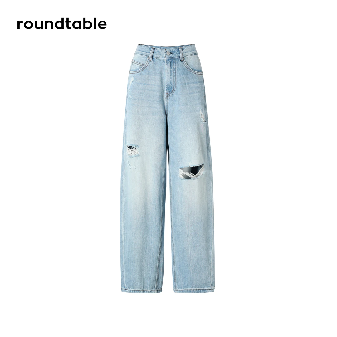 时尚休闲破洞直筒老爹牛仔裤复古春夏阔腿高街宽松印花FGS1606980