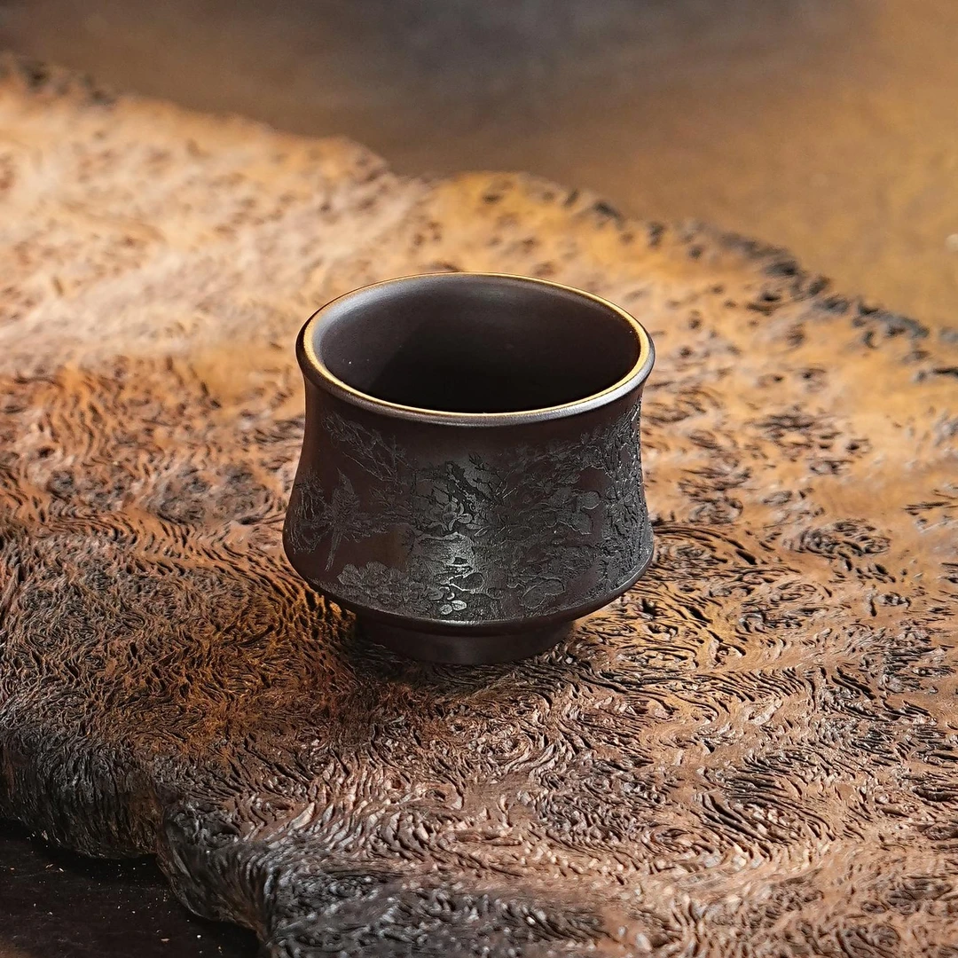 宜兴紫砂茶具 原矿石红泥料刻绘喜上眉梢主人杯品茗杯