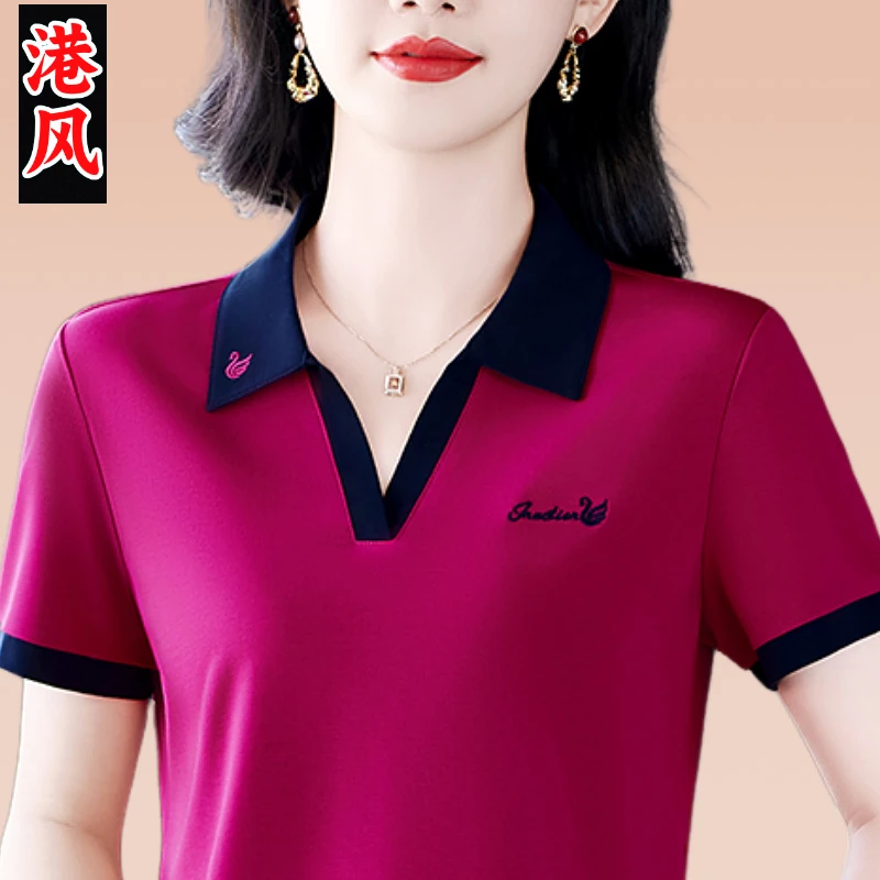 小天鹅图案洋气妈妈短袖t恤女夏季母亲节冰丝上衣休闲polo衫气质