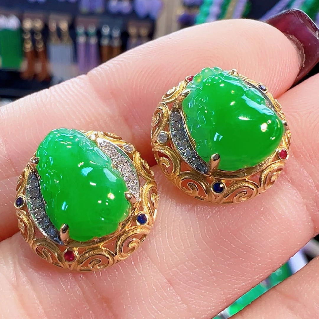 翡翠18K金镶嵌耳饰签收后24小时鉴赏期