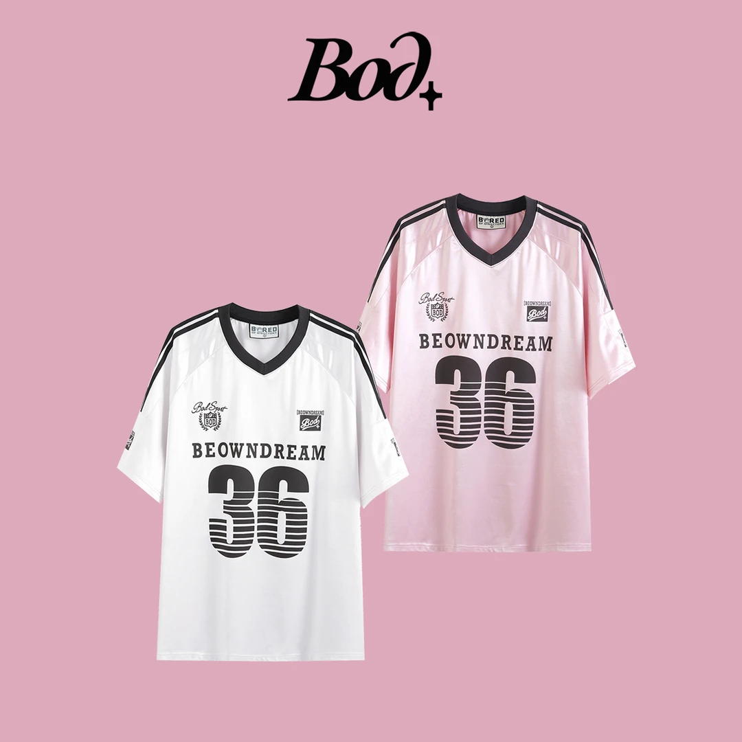 Bod+美式复古缎面V领拼接字母短袖夏季球衣光泽透气男女款