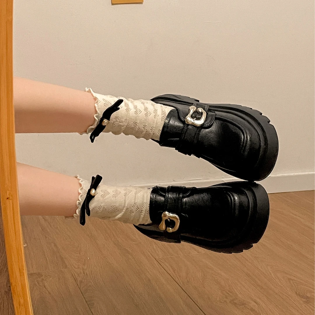 厚底黑色小皮鞋女2025新款春秋英伦风粗跟增高圆头日系jk乐福单鞋