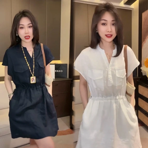 2025夏装新款抽绳收腰时尚减龄连衣裙宽松显瘦v领中长款衬衫裙子