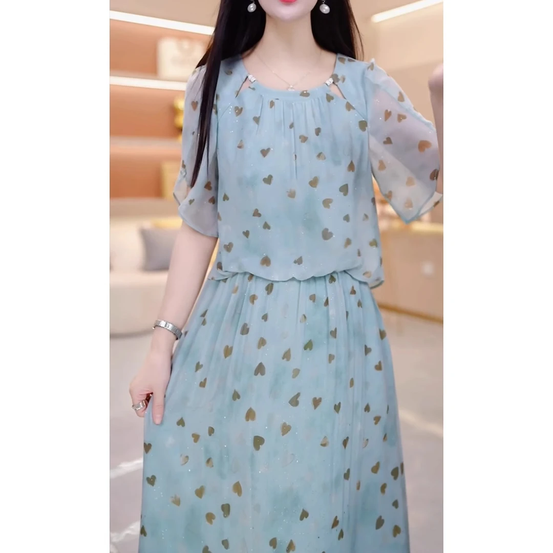 妈妈装气质假两件时尚连衣裙女2025年夏季新款修身显瘦中长款裙子