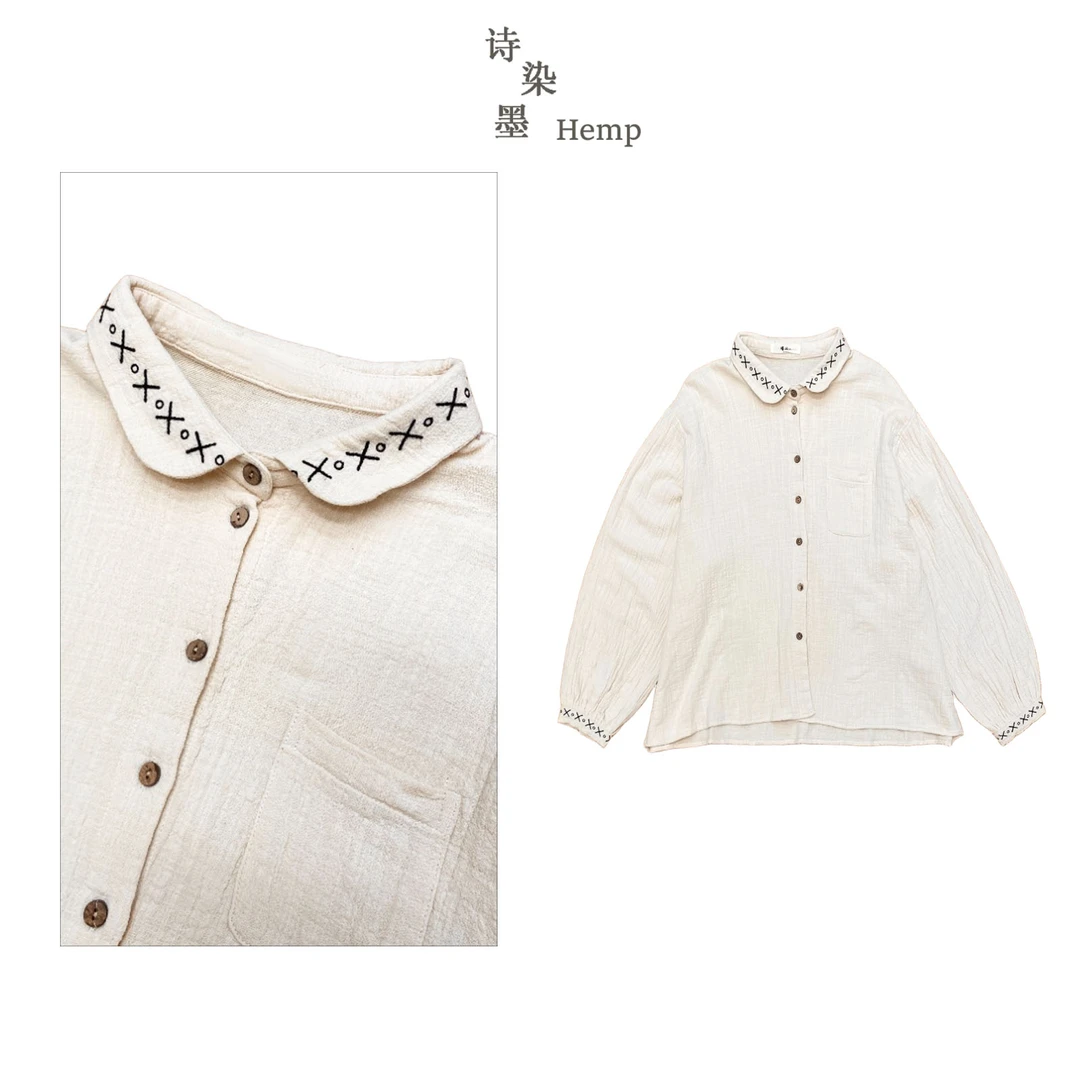 【翻领刺绣领口袋肌理感棉衬衫】4886