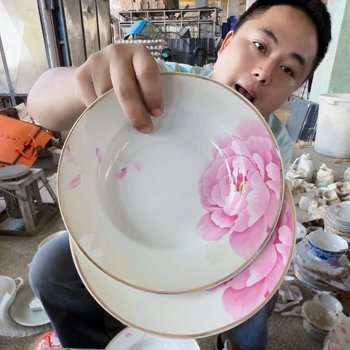 景德镇高温陶瓷粉牡丹草帽盘2个