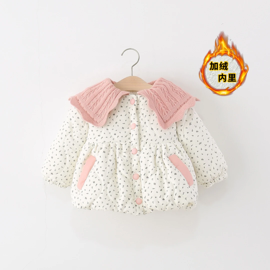 童装女童棉服外套冬季儿童宝宝翻领碎花大蝴蝶结棉衣外套加厚加绒