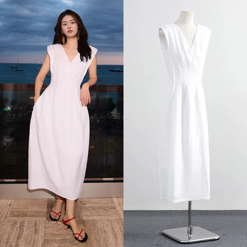 [做货中]高圆圆同款白色花苞背心连衣裙设计感法式风修身长裙女夏