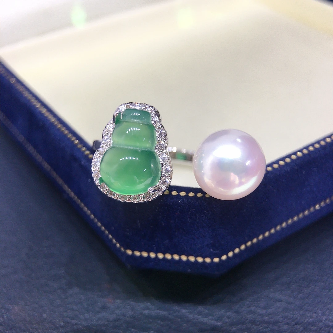 精工款极光天然淡水珍珠戒指祖母绿天然玉髓玛瑙葫芦开口戒指手饰