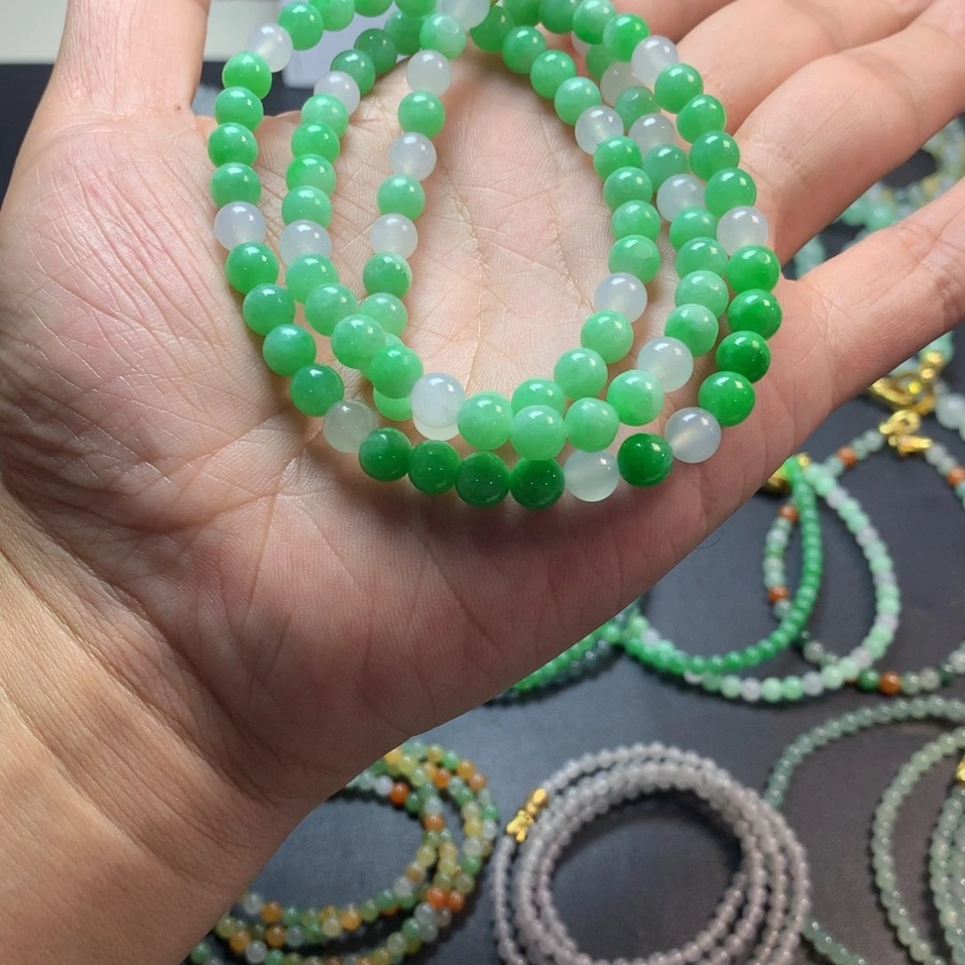 定制翡翠未镶嵌卡6.6双彩绿长串