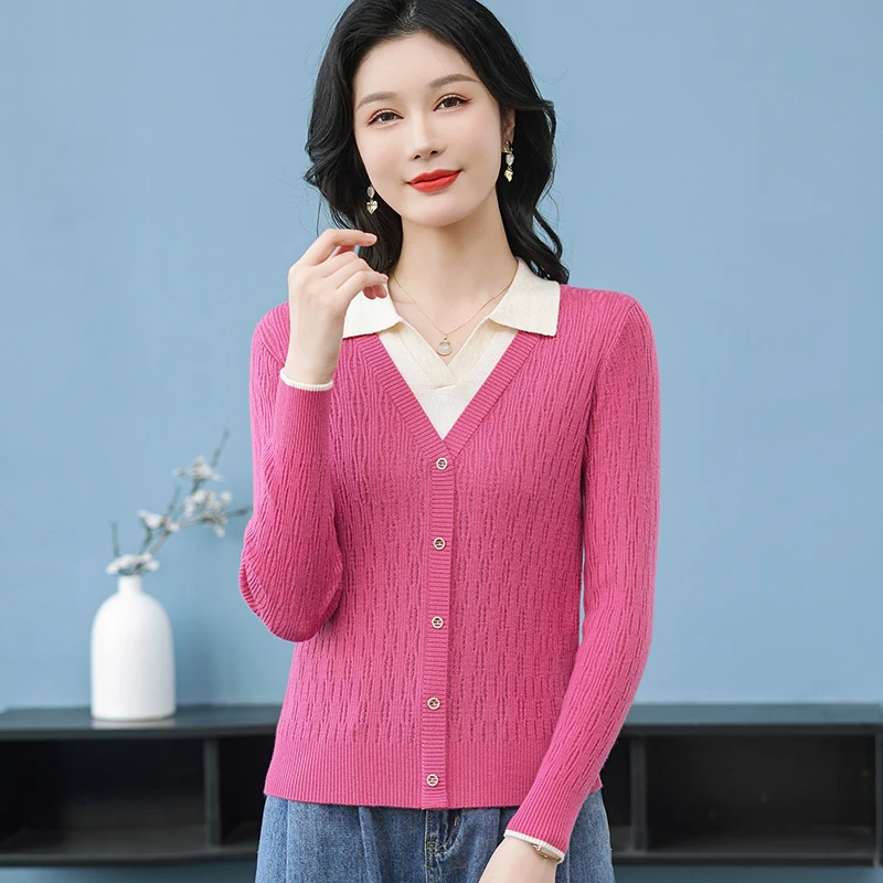 【春日焕新】春秋新款精品时尚假两件小方领减龄百搭长袖针织衫9177