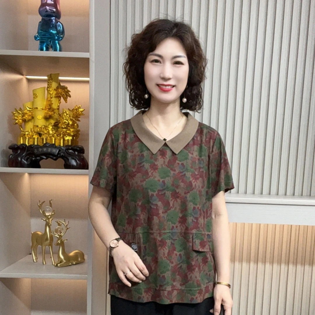 妈妈装流行欧若拉时尚潮牌女装宽松夏装女士独特漂亮小衫休闲短袖