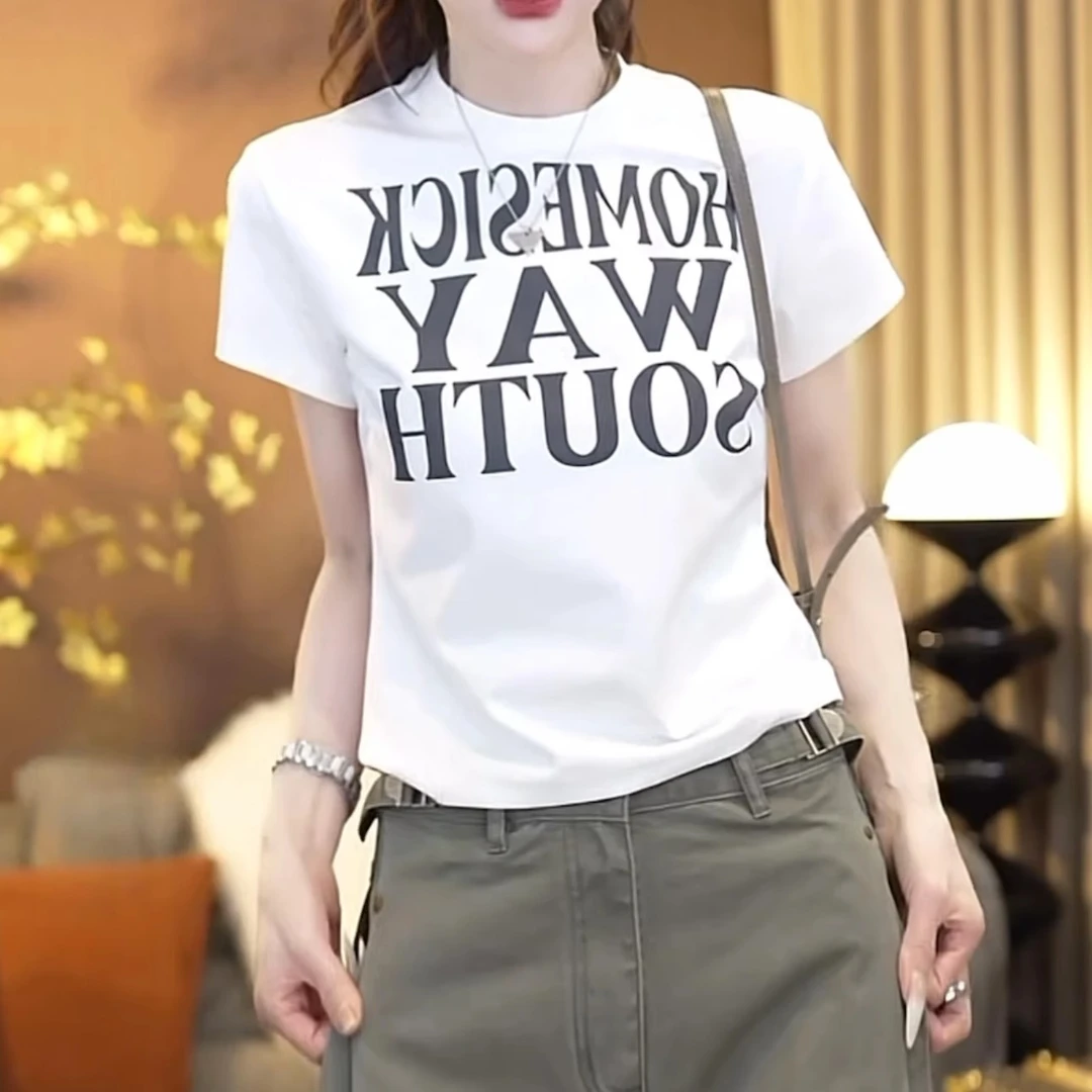 欧式字母印花时尚短袖T恤女2025夏季新款圆领休闲显瘦显瘦上衣ins