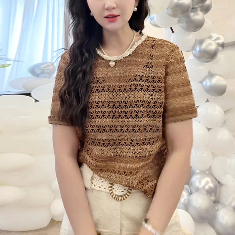 法式复古镂空短袖T恤女夏季设计感宽松显瘦小众别致圆领套头上衣