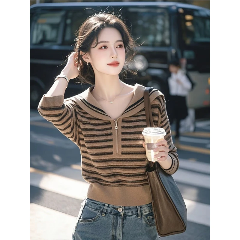 高级感针织开衫2025春季新款时尚气质甜美减龄咖色条纹毛衣上衣女