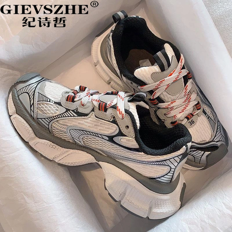 纪诗哲老爹鞋女2025夏季新款厚底增高拼色系带透网面厚底增高透气