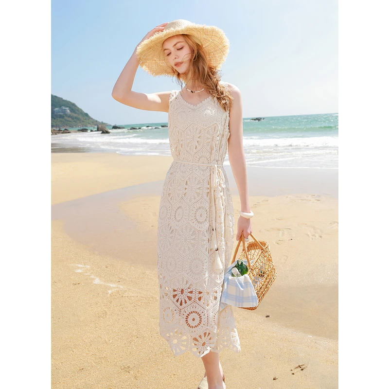 【100棉连衣裙】三彩2025夏季新款镂空针织裙吊带裙两件套长裙女M