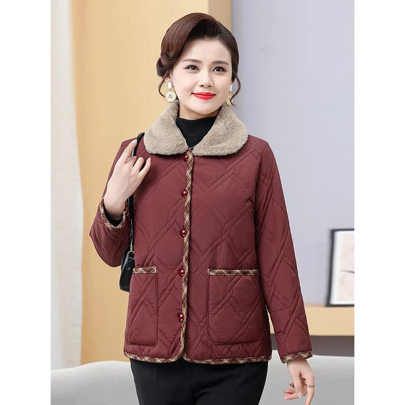冬季新款时尚洋气纯色百搭显瘦棉衣外套加绒加厚中老年保暖棉服女