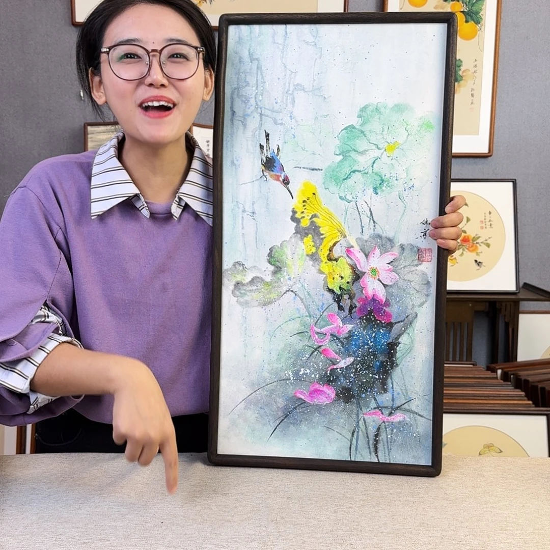 国画纯手绘，纯手写带框尺寸：36×69厘米