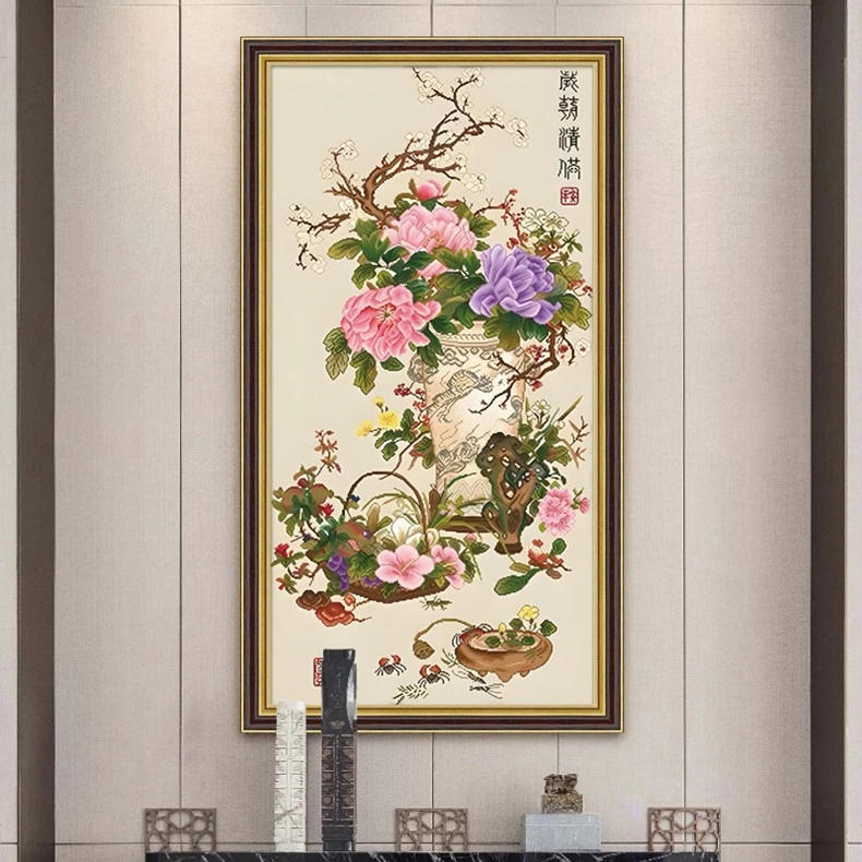 经典国画岁朝清供图十字绣2022新款线绣客厅玄关牡丹花开富贵满绣