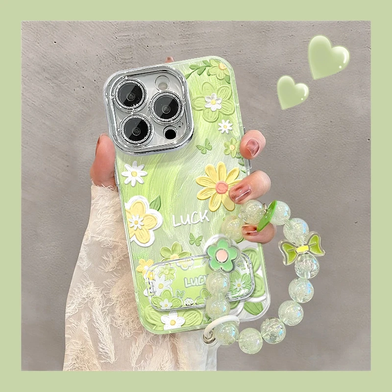 油画绿花适用苹果15华为oppo小米iPhone16精孔羽纱支架手机壳