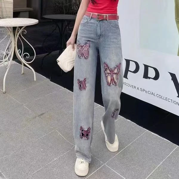 #6616 宽松直筒牛仔裤女重工刺绣蝴蝶烫钻镂空显瘦阔脚裤