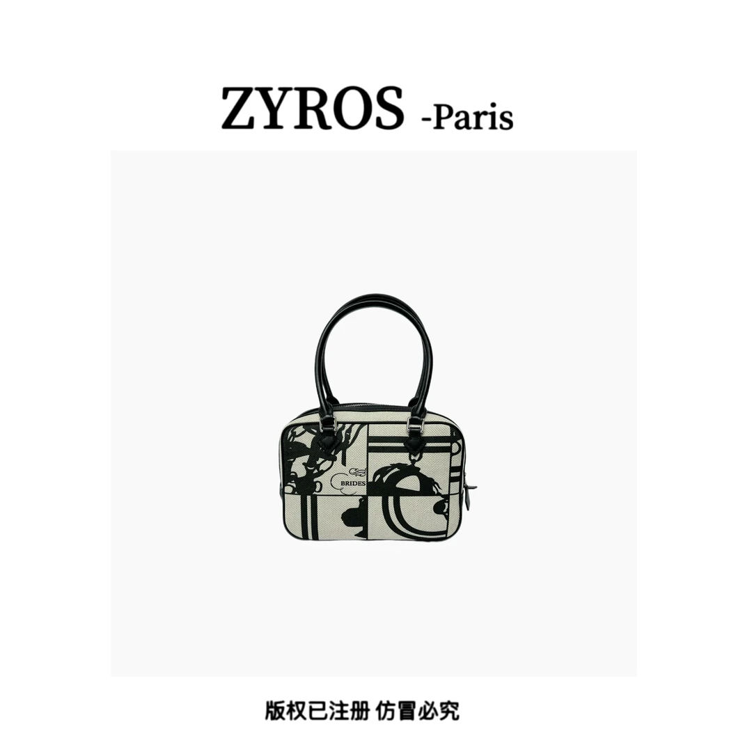 ZYROS/秋冬新款帆布拼色高级感印花时尚白搭手拎斜挎通勤包女Z278
