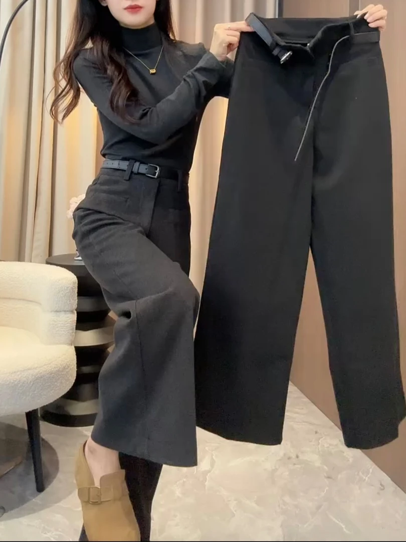 秋季新款毛呢靴裤气质百搭胖mm宽松显瘦阔腿裤九分直筒时尚休闲裤