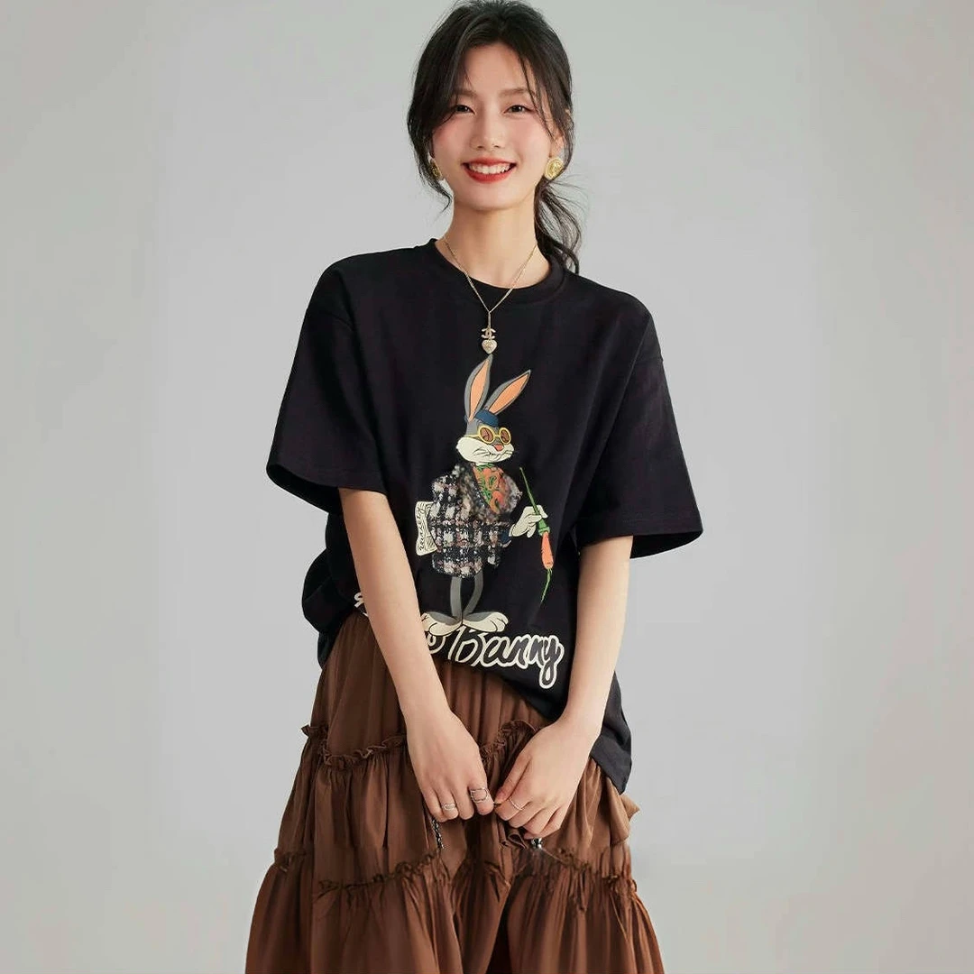 夏季复古休闲带有童趣卡通设计感纯棉黑色百搭短袖T圆领时尚宽松