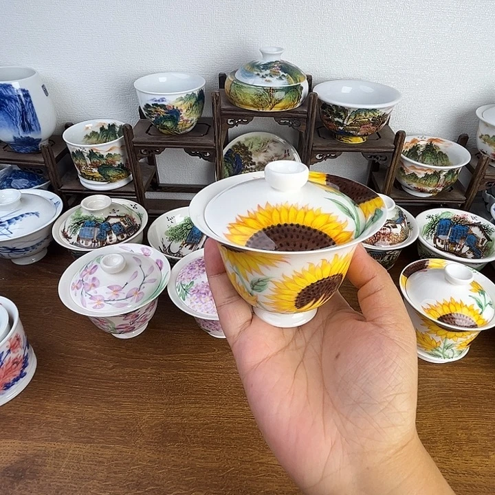 忠意堂釉下彩向日葵盖碗微瑕不退
