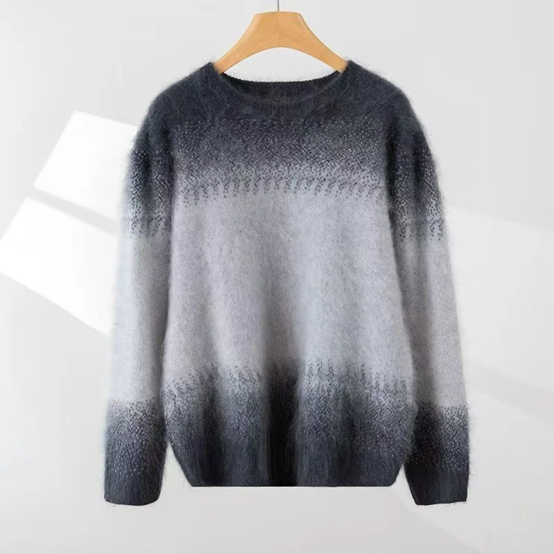 788-拉绒系列100%山羊绒渐变色女圆领秋冬款加厚宽松套头长绒毛衣