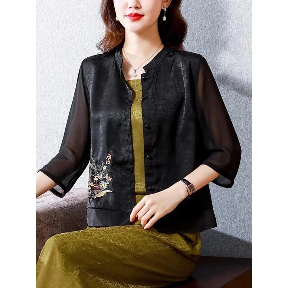 国风新中式七分袖衬衫女大码夏季短款开衫妈妈高级感薄款上衣春秋